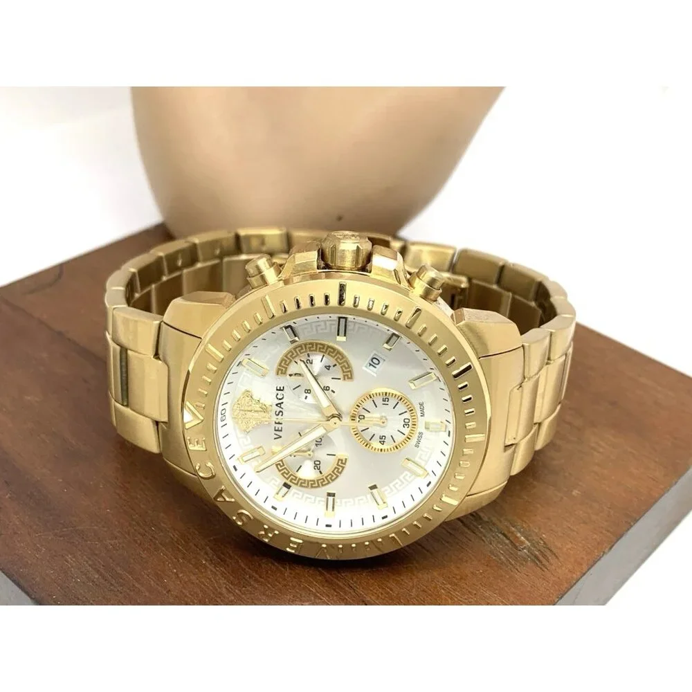 Versace Men's Watch VE2E00521 Swiss Quartz Chronograph Silver Dial Gold Steel